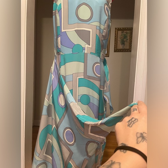 Y2K 90s Spenser Jeremy 100% Silk Mod Printed Faux Wrap Maxi Sun Dress - Picture 4 of 8